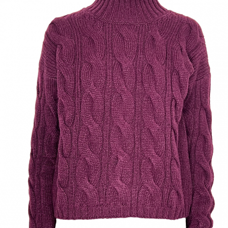 Cashmere Rollkragenpullover in Burgund mit Zopfmuster