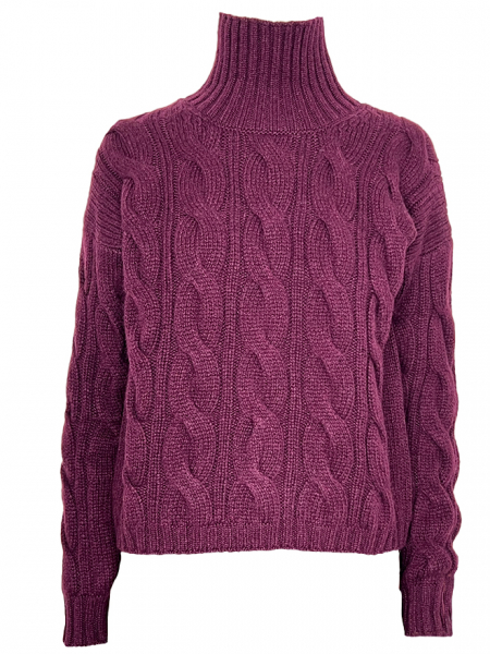 Cashmere Rollkragenpullover in Burgund mit Zopfmuster