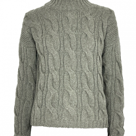Cashmere Rollkragenpullover in Salbei mit Zopfmuster