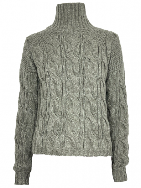 Cashmere Rollkragenpullover in Salbei mit Zopfmuster