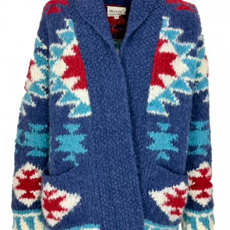 Strickjacke ethno blau, Vorderansicht, unisex