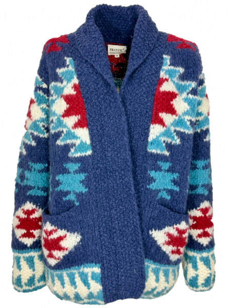 Strickjacke ethno blau, Vorderansicht, unisex