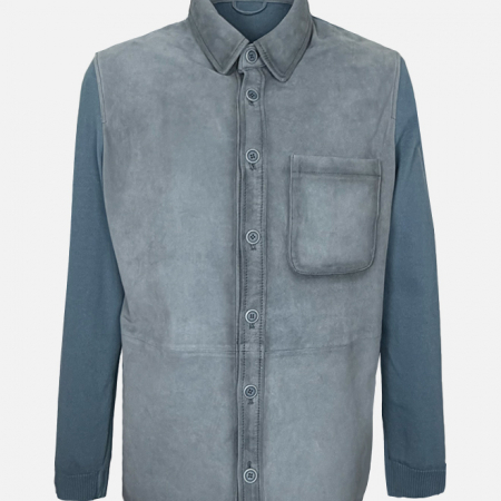 GMS75 Lederhemd taubenblau Ziegenvelours Herren Overshirt Vorderansicht