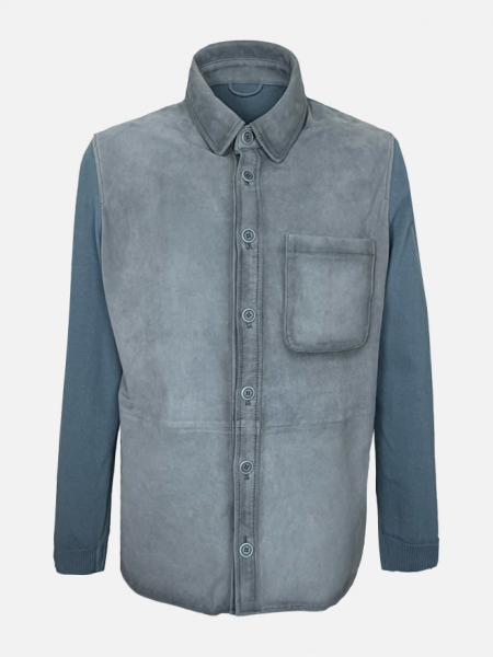 GMS75 Lederhemd taubenblau Ziegenvelours Herren Overshirt Vorderansicht