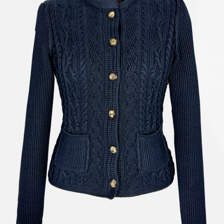 Habsburg Strickjacke Donna in Dunkelblau aus Baumwoll-Cashmere mit Zopfmuster und femininer Silhouette Vorderansicht
