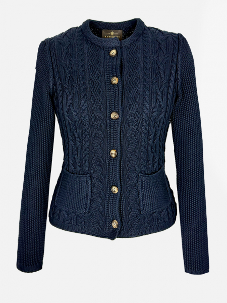 Habsburg Strickjacke Donna in Dunkelblau aus Baumwoll-Cashmere mit Zopfmuster und femininer Silhouette Vorderansicht