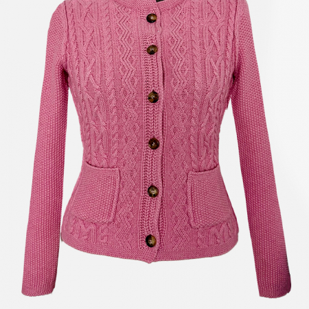 Habsburg Strickjacke Donna in Pink aus Baumwoll-Cashmere mit Zopfmuster und femininer Silhouette Vorderansicht