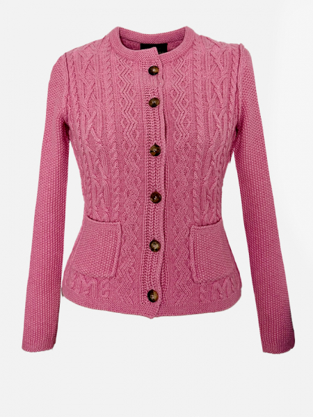 Habsburg Strickjacke Donna in Pink aus Baumwoll-Cashmere mit Zopfmuster und femininer Silhouette Vorderansicht