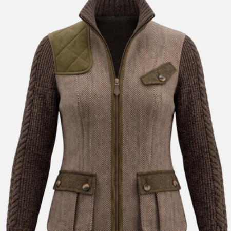 Habsburg Jacke Cleo Braun Taupe-Vorderansicht der taillierten Hybrid-Jacke mit Strickärmeln