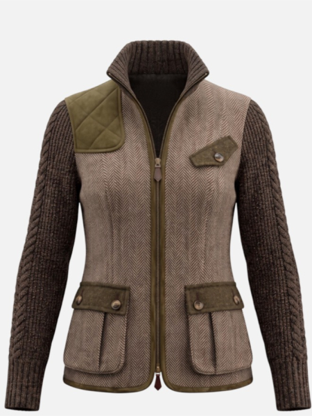 Habsburg Jacke Cleo Braun Taupe-Vorderansicht der taillierten Hybrid-Jacke mit Strickärmeln