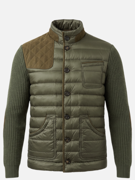Habsburg Herrenjacke Saxenegg – Vorderansicht der leichten Daunen-Hybridjacke mit Merinostrickärmeln